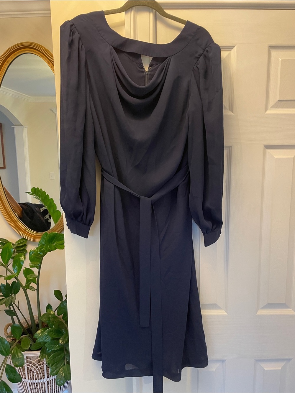 Source Unknown Navy Blue Long-Sleeve Draped Neck Dress